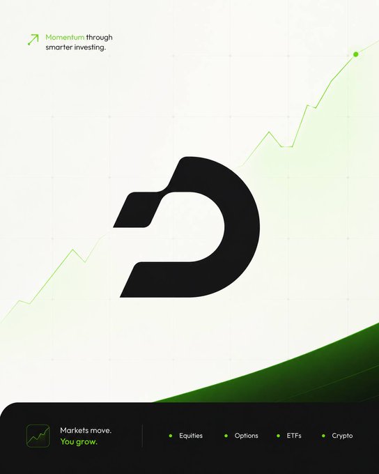 A sleek investment platform advertisement featuring a large stylized "D" logo on a green and white background with an upward trending chart, displaying the tagline "Momentum through smarter investing" and services including "Markets move. You grow." with categories for Equities, Options, ETFs, and Crypto.

The image relates to the post by showcasing a financial/investment platform's branding, which connects to the $DRIP holder snapshot announcement for $HOOD distribution—tying into the "smarter investing" theme as the platform facilitates crypto-related reward distributions.
