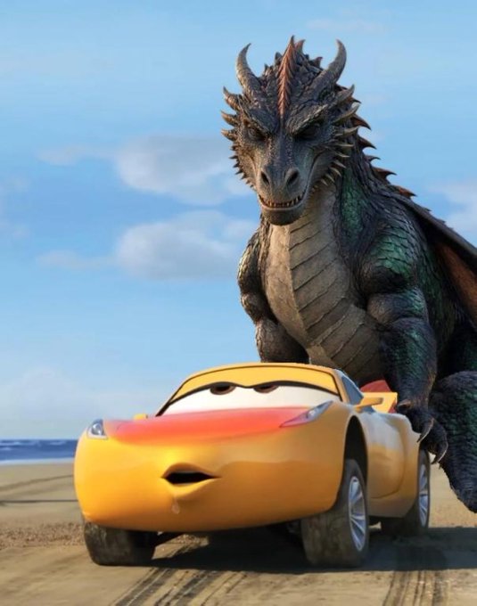 A small orange sports car with a worried expression sits on a sandy beach while a massive, menacing dragon looms behind it under a partly cloudy sky. The image visually echoes the post's joke about "deployers" (crypto token launchers) "making their way" to stonkfun, with the tiny, vulnerable car representing the deployers approaching the imposing "stonkfun" dragon.