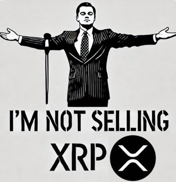 A black and white illustration of a man in a suit standing with arms outstretched behind text that reads 'I'M NOT SELLING XRP' with the XRP logo.