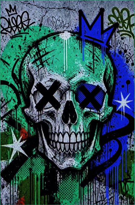 A graffiti-style street art piece featuring a skull with X's over its eyes, surrounded by blue and green paint splatters and stars.