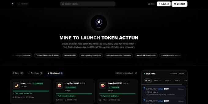 The image displays a screenshot of a website titled "mine to launch token act fun" on a computer screen, with various tabs and details visible such as an event page and a login page. The main focus of the website seems to be launching tokens or tokens based on the game, which is called "arc". This platform seems to be designed for users interested in investing or trading tokens related to games like arc. Additionally, there are social media icons present on the website's layout, indicating that it can be easily shared and discussed among token enthusiasts.