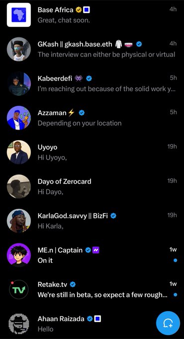 The image displays a list of direct messages on what appears to be a social media platform, featuring conversations with various individuals including "Base Africa," "GKash || gkash.base.eth," "Kabeerdefi," "Azzaman," "Uyoyo," "Dayo of Zerocard," "KarlaGod.savvyy || BizFi," "ME.n | Captain," "Retake.tv," and "Ahaan Raizada," with messages discussing interviews and outreach efforts.

The messages shown align with the post's context, showing responses from builders being contacted for a Base builders meetup in Africa, with replies like "The interview can either be physical or virtual" and "I'm reaching out because of the solid work," confirming the outreach effort mentioned in the post.