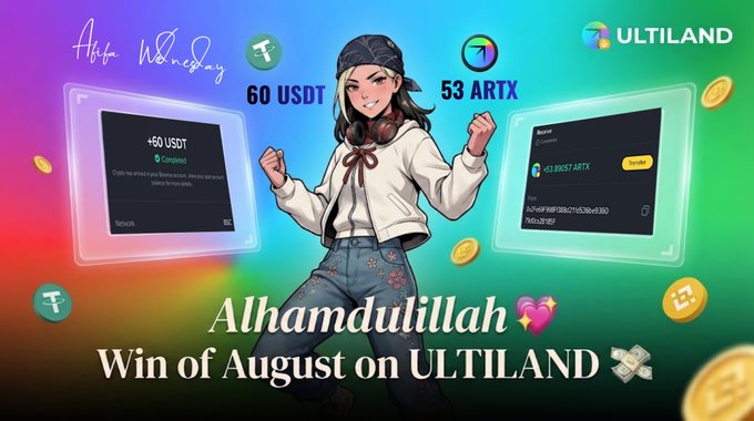 A promotional graphic for ULTILAND celebrating a 'Win of August' with the text 'Alhamdulillah', showing rewards of 60 USDT and 53 ARTX alongside an anime-style character illustration.