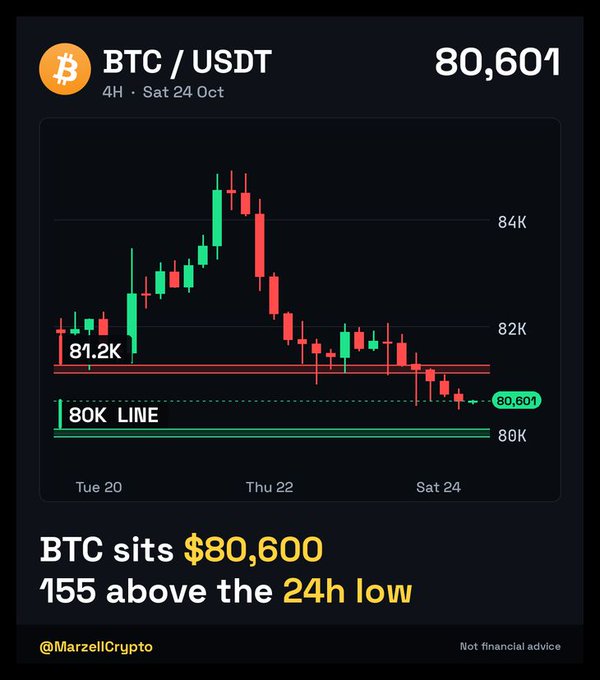 A BTC/USDT chart shows “80,601” on Sat 24 Oct, with “80K LINE,” “84K,” “82K,” and the text “BTC sits $80,600 — 155 above the 24h low.”