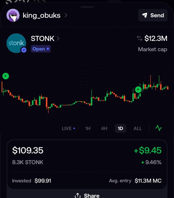 A crypto portfolio tracking app screenshot displaying the token 'STONK' with a market cap of $12.3M, a current price of $109.35, a 9.46% gain, and an invested amount of $99.91.