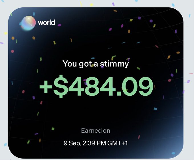 A 'world' branded graphic with confetti announcing 'You got a stimmy' of +$484.09, earned on 9 Sep, 2:39 PM GMT+1.