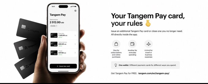 An advertisement for Tangem Pay showing a smartphone app interface and black payment cards with the tagline 'Your Tangem Pay card, your rules.'