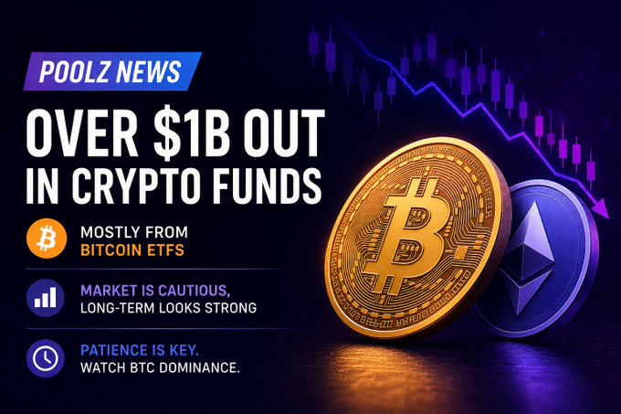 The image shows a close-up view of two Bitcoins, one larger than the other. The text on the screen reads "Over $1B out in crypto funds mostly from Bitcoin ETFs Market is chaotic Long term looks weak. Market is flooded with new fiat money. Watch Btc dominance", indicating that the Bitcoins have been affected by this market shift.