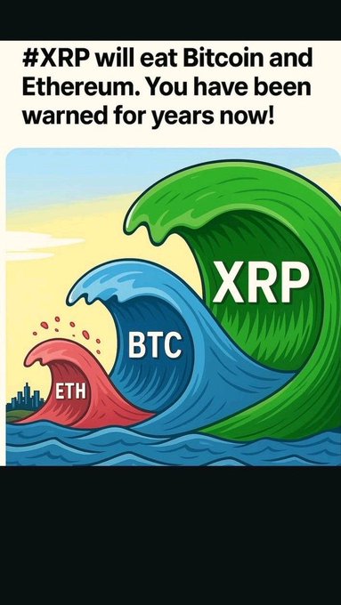 Crypto meme with text '#XRP will eat Bitcoin and Ethereum. You have been warned for years now!' showing labeled waves (ETH, BTC, XRP) in red, blue, and green.
