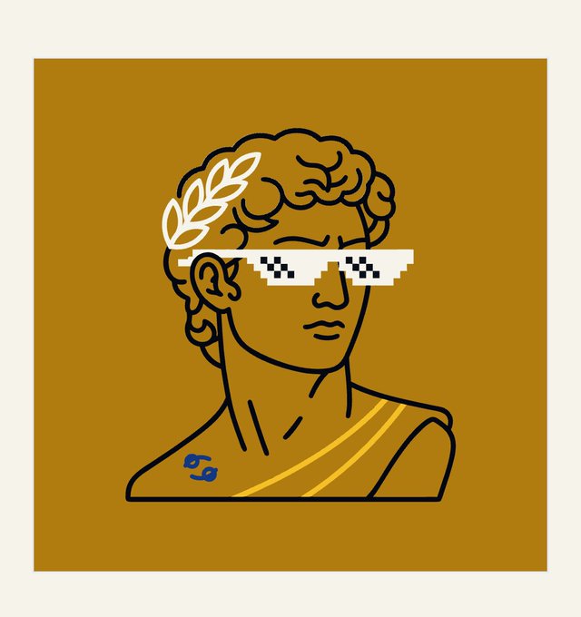 A stylized line art illustration of a figure with a laurel wreath and pixelated "deal with it" sunglasses, wearing a draped garment, set against a solid ochre background.