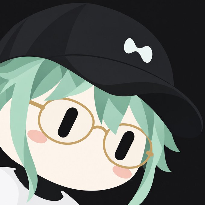 A cartoon-style illustration of a character with mint green hair, round glasses, and a black cap featuring a white blob-like symbol.