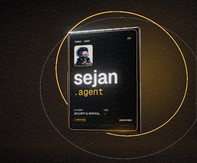 A digital agent card titled 'sejan' labeled '.agent' with a category of 'SECURITY & VERIFICA...' set against a dark background with orange circular accents.