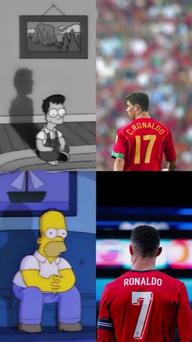 A meme collage comparing cartoon characters (from The Simpsons and other animations) to real soccer players, including Cristiano Ronaldo in Portugal jerseys #17 and #7.