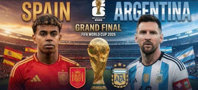 A FIFA World Cup 2026 Grand Final promotional graphic showing Spain vs Argentina with Lamine Yamal and Lionel Messi featured prominently alongside the World Cup trophy.