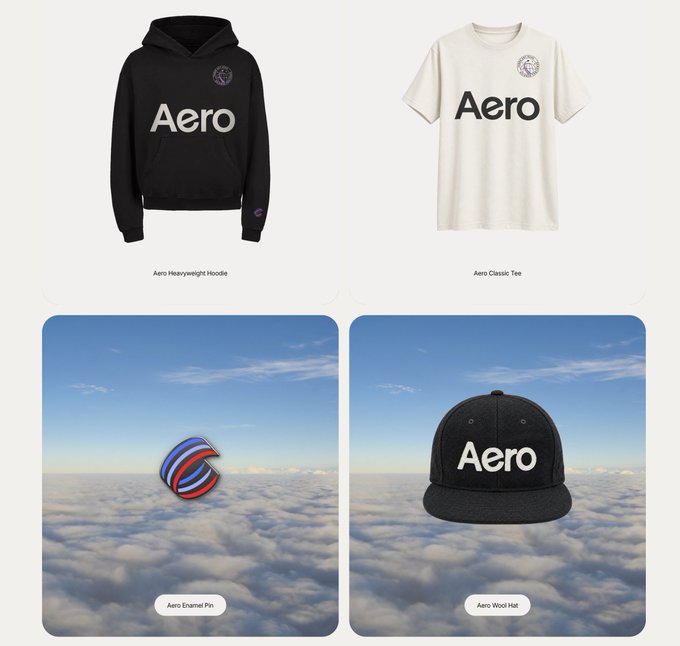 A promotional image showcases four upcoming "Aero" branded merchandise items: the Aero Heavyweight Hoodie, Aero Classic Tee, Aero Enamel Pin, and Aero Wool Hat, aligning with the post's teaser that new @aeroxyz swag is coming soon.