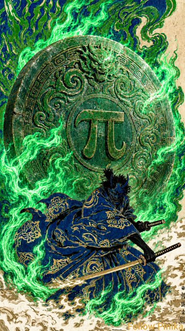 An illustration depicting a dark, wolf-like samurai warrior in an ornate blue and gold robe, holding a katana while engulfed in swirling green ethereal flames, with a large green disc bearing the pi (π) symbol in the background.