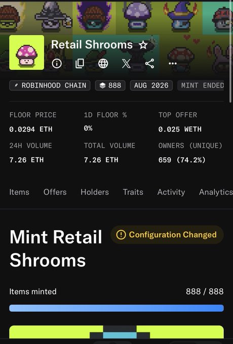 NFT marketplace page for "Retail Shrooms" on Robinhood Chain, showing 888 minted items with a floor price of 0.0294 ETH and a "Mint Retail Shrooms" option noting "Configuration Changed."
