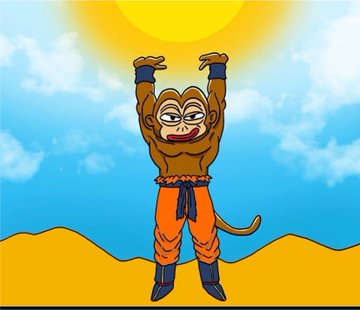 Cartoon artwork of a monkey wearing orange martial arts attire with a blue belt, lifting a glowing yellow sun above its head against a blue sky with clouds and sand dunes.