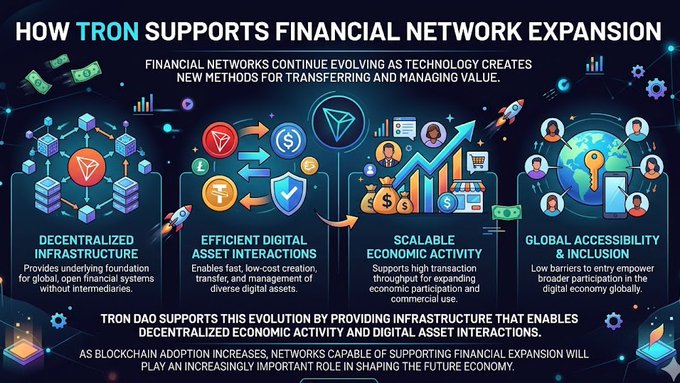 The image features a colorful, cartoon-like depiction of an infographic explaining the concept behind Bitcoin and how the network supports financial transactions. The infographic highlights the evolution of Bitcoin as a technology that creates new methods for transferring and managing value. It also mentions that TRON DAO supports this progress by providing infrastructure to facilitate decentralized economic activity through digital asset interactions.