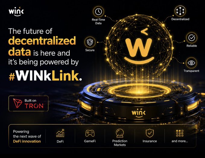 A sleek promotional graphic for WINkLink features a glowing golden "W" logo at its center, surrounded by icons highlighting its key features: Real-Time Data, Secure, Decentralized, Reliable, and Transparent. The design emphasizes that it's "Built on TRON" and "Powering the next wave of DeFi innovation," with applications spanning DeFi, GameFi, Prediction Markets, Insurance, and more—directly reinforcing the post's message about WINkLink driving the future of decentralized data for smart contracts.