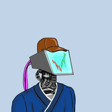 A robotic figure wearing a kimono and brown cap has a monitor for a head displaying a downward-trending red and green stock chart. The image visually complements the post's message of "fixing up" OpenSea and making "onchain configurations," with the bearish chart symbolizing the technical work being done despite market dips.