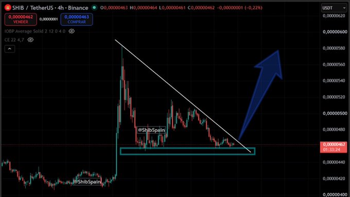 A 4-hour candlestick chart of the SHIB/USDT pair on a crypto exchange (TradingView) shows a descending trendline being broken to the upside with a large blue arrow pointing toward higher targets near 0.00000560, while a green rectangle marks a support zone around 0.00000460, visually reinforcing the bullish claim that "something big is coming" for $SHIB.