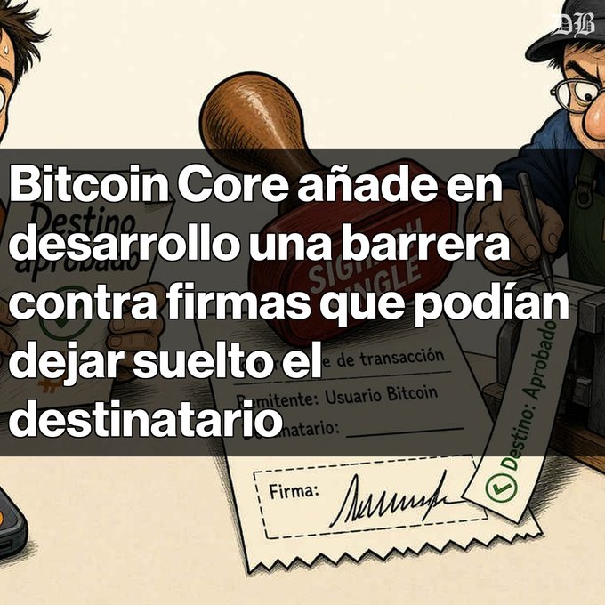 An illustration shows a wooden stamp pressing a document labeled "Destino aprobado" with Spanish text overlay: "Bitcoin Core añade en desarrollo una barrera contra firmas que podían dejar suelto el destinatario."