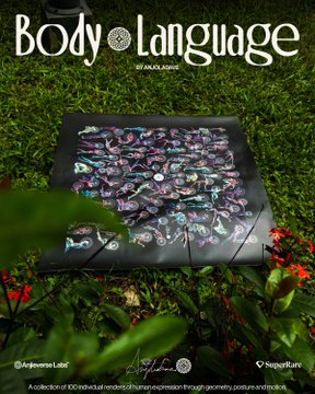 An NFT artwork titled 'Body Language' by Anka Home displayed on grass, showing an abstract colorful composition on a black canvas.