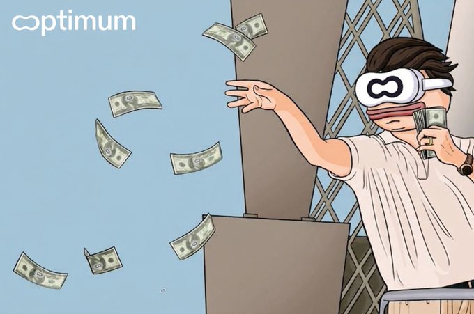 The image features a man wearing virtual reality goggles, holding a cell phone with his hand outstretched towards a pile of money falling from the sky. The text above the scene reads "Optimum" and "Web3 infrastructure is changing, but are you maximizing your yield?" This suggests that the man might be discussing or contemplating how to optimize his investments in Web3 technology or cryptocurrency.