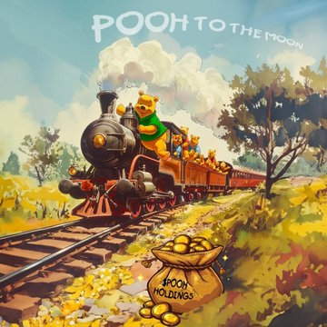 A whimsical illustration depicts Winnie the Pooh and friends riding a steam train through a sunny countryside, with text reading "POOH TO THE MOON" and a sack labeled "SPOON HOLDINGS" in the foreground.