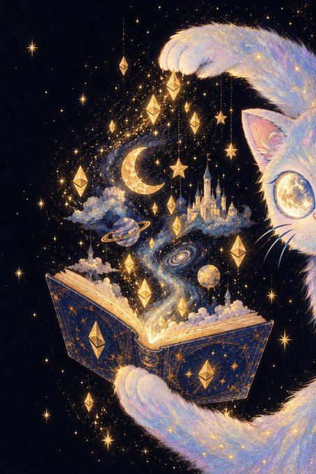 A white cat with a moon-like eye gazes into a magical, star-filled book that conjures floating crystals, planets, and a celestial castle from its pages. The whimsical artwork mirrors the dreamy, starry-eyed optimism behind "wake me up when $ETH is $10k," capturing the hope that crypto fortunes will one day lift the market into a fantastical, ethereal realm.