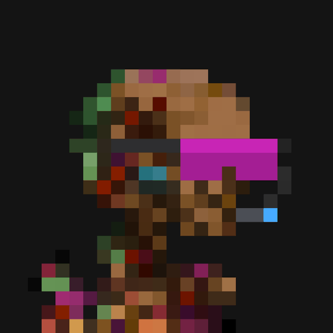 A low-resolution pixel art sprite of a character with a pink/magenta visor and dark armor on a black background, appearing to be game asset art.