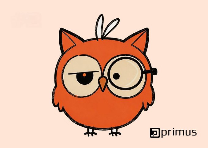 A cartoon orange owl with one large magnifying-glass eye and one half-closed eye is shown on a peach background, with the "primus" logo in the bottom right.