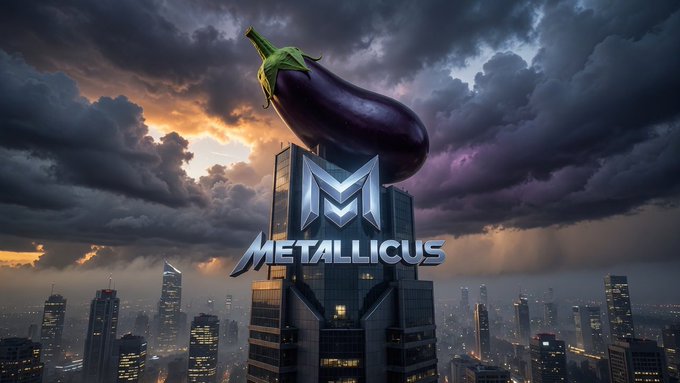 The image features a towering high-rise building in an urban landscape bearing an eggplant on top of the 'M' of Metallsicus. The post includes a hashtag, indicating its relation to a steaked cryptocurrency. The juxtaposition of an infinity symbol gradiened from green to purple in the logo with an eggplant humorously exaggerates the concept of infinite staking. The cityscape contrasts with the whimsical symbol of Metallsicus and its eggplant suggestion of longevity echoed by the post.