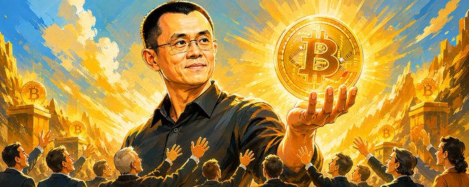 A digital painting depicts CZ, the Binance founder, holding up a glowing Bitcoin coin above a crowd of people reaching toward it. The image visually reinforces his message that as Bitcoin's value rises, even wealthy investors will struggle to afford a single coin.
