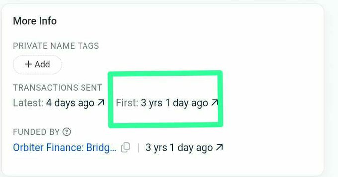 A screenshot of a 'More Info' section showing 'Transactions Sent' details, with a green rectangle highlighting 'First: 3 yrs 1 day ago'.