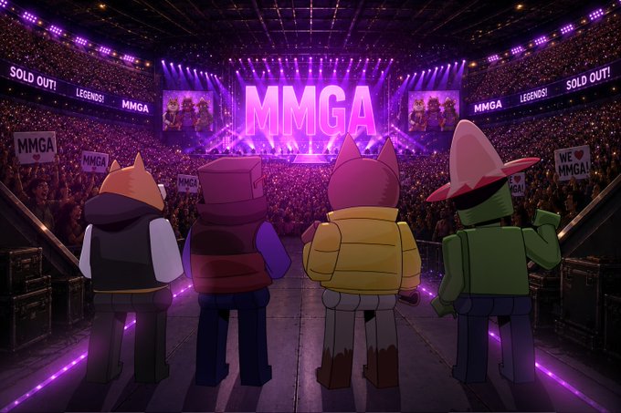 An animated illustration of four cartoon characters viewing a packed concert arena with a stage displaying 'MMGA' in pink, surrounded by 'SOLD OUT!' and 'LEGENDS!' signs and fans holding 'WE ❤️ MMGA' signs.