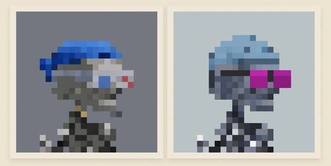 Two pixel art character portraits side by side, one gray with a blue cap and the other blue with magenta pixel sunglasses.