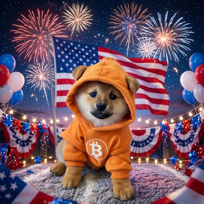 An AI-generated image of a cute puppy wearing an orange Bitcoin logo hoodie, posed in front of an American flag with fireworks, red, white, and blue balloons, and patriotic bunting decorations for a 4th of July theme.