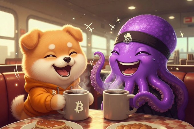 The image features two cartoon characters, a dog and an octopus, sitting at a table with coffee cups in front of them. The dog character has a big smile on its face while holding a cup of coffee, and the octopus character is also smiling and holding a cup of coffee. The background shows a train passing by outside the window, adding to the overall atmosphere of the scene. The post includes text that reads "GM $DOG and @krakenfx It’s gonna be a great day my friend!".