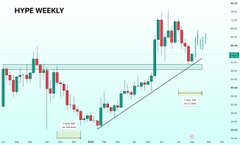 A bullish HYPE weekly candlestick chart shows a strong recent rally breaking above a horizontal resistance zone, with a trendline connecting recent lows indicating a continuation pattern toward the projected $100 target.