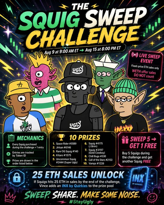 A promotional graphic for 'THE SQUIG SWEEP CHALLENGE' running from Aug 9 to Aug 15, featuring cartoon avatars and listing 10 NFT prizes with mechanics like 'SWEEP 5 = GET 1 FREE' and a '25 ETH SALES UNLOCK'.