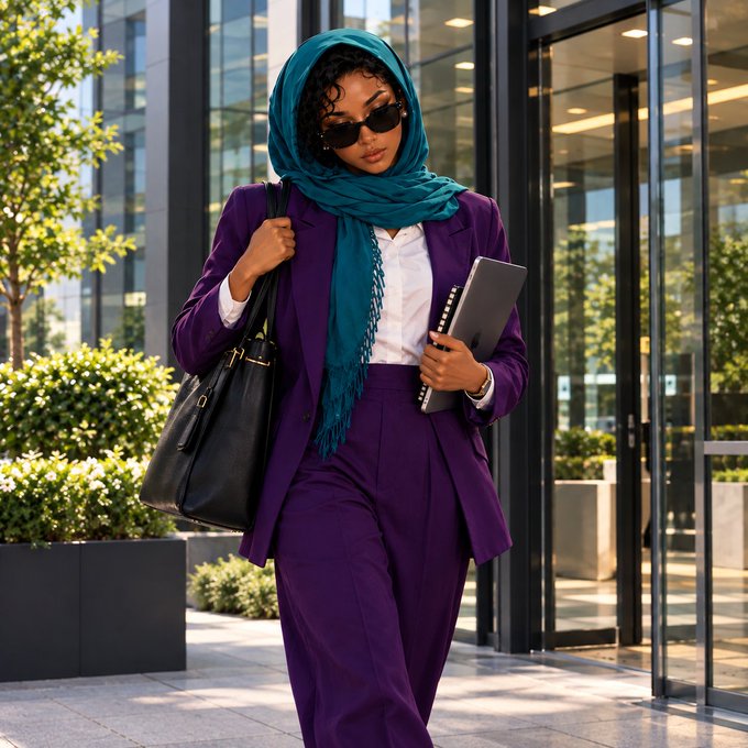 A woman wearing a purple suit and teal headscarf walks outside a modern glass building while carrying a black handbag and notebook.