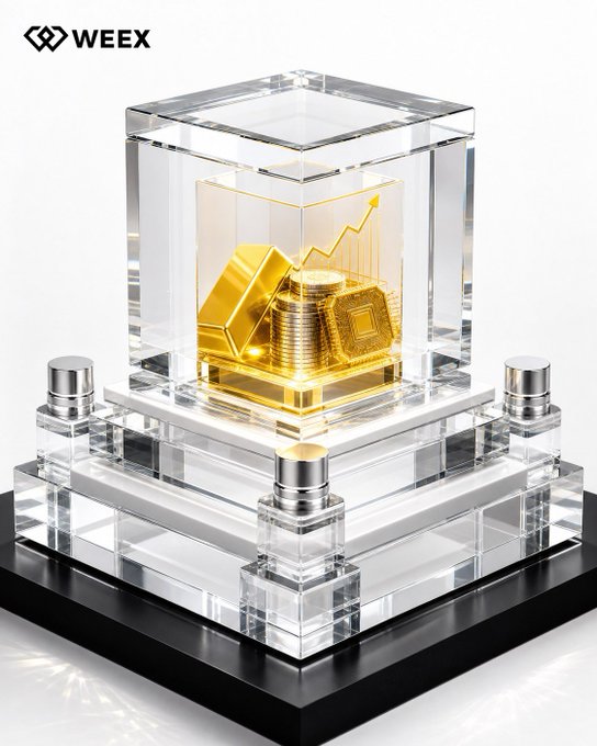 A transparent acrylic cube showcases stacked gold bars and an upward-trending chart, with the "WEEX" logo in the top-left corner—visually reinforcing the post's message that asset security and confident trading are foundational principles of the platform.