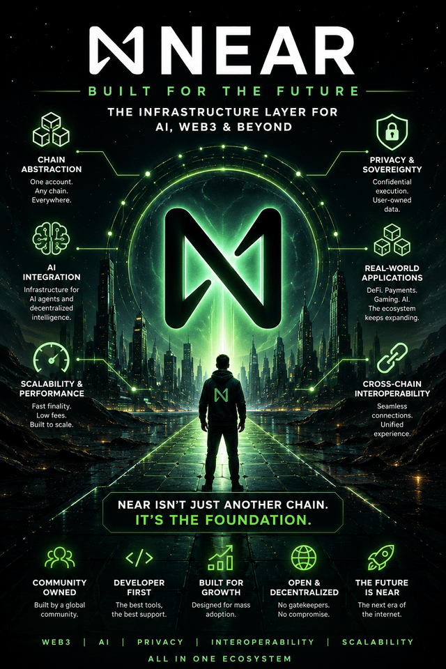 The image features a poster for "NEAR", which is an AI-based cryptocurrency platform that aims to provide users with privacy, decentralization, and AI capabilities. The poster includes various icons representing different aspects of the platform, such as a person standing in front of a cityscape symbolizing the idea of decentralization and AI integration into everyday life.

The post also discusses the importance of privacy, decentralization, and AI for users, stating that almost nobody is paying attention to what NEAR is building. The poster emphasizes the need for these features as essential components of a successful cryptocurrency platform.