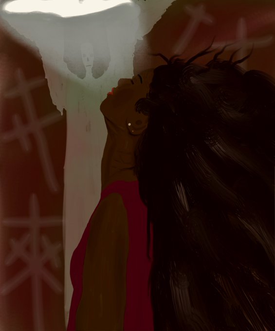 The image features a woman with long hair, wearing a red dress, looking upwards towards an angelic figure or ghostly presence. The background includes a red wall adorned with crosses, which adds depth and context to the scene. The caption "Look up to God" suggests that the woman is seeking guidance or inspiration from the unseen figure above her.