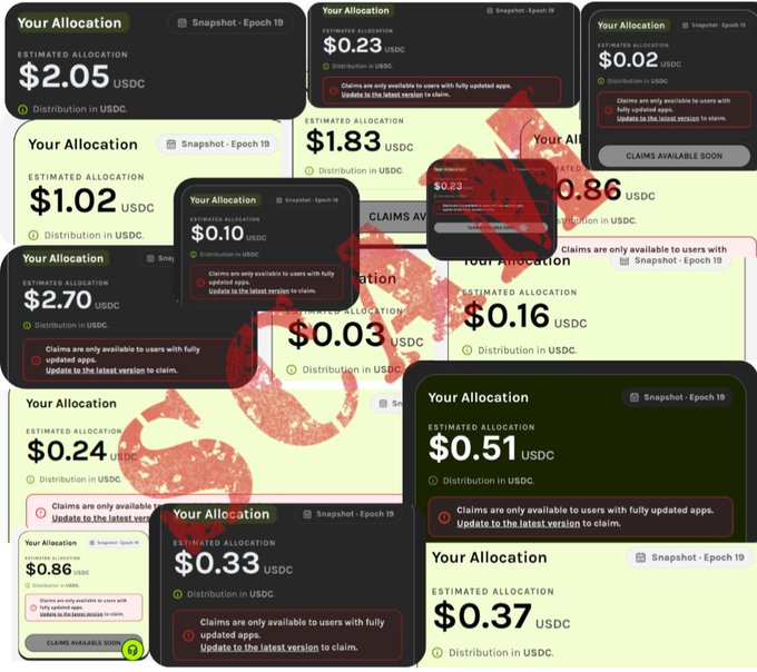 The image shows multiple "Your Allocation" screens with tiny USDC rewards ranging from $0.02 to $2.70, stamped with a red "SCAM" graphic, illustrating how Grass airdrop recipients received only fractions of a dollar despite the project promising 17% of token supply (~$81M) for Season 2.