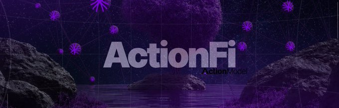 The banner displays the "ActionFi Action Model" logo against a purple cosmic background featuring rocky landscapes and geometric patterns. The mystical, futuristic aesthetic of the image reinforces the post's message about ActionFi offering a fresh, unconventional approach to Web3 engagement that breaks from the typical repetitive task structures users have grown accustomed to.