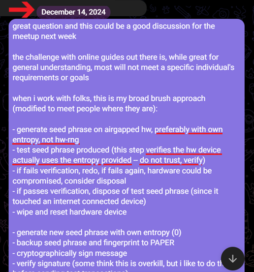 A screenshot dated December 14, 2024 showing instructions for generating secure cryptocurrency seed phrases using airgapped hardware, with sections underlined in red emphasizing verification steps and not trusting hardware's entropy.