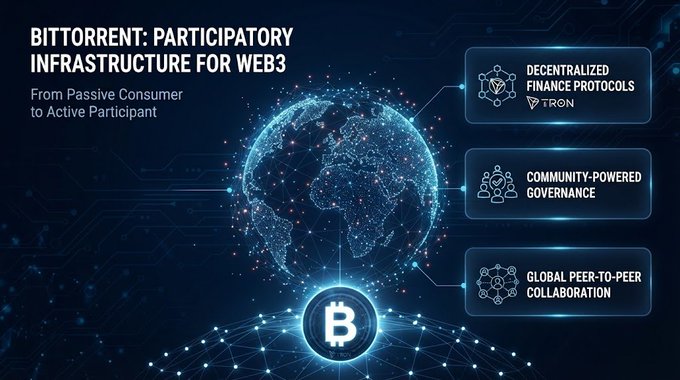 A digital infographic titled 'BITTORRENT: PARTICIPATORY INFRASTRUCTURE FOR WEB3' showing a glowing globe and Bitcoin logo, with points on 'DECENTRALIZED FINANCE PROTOCOLS', 'COMMUNITY-POWERED GOVERNANCE', and 'GLOBAL PEER-TO-PEER COLLABORATION'.